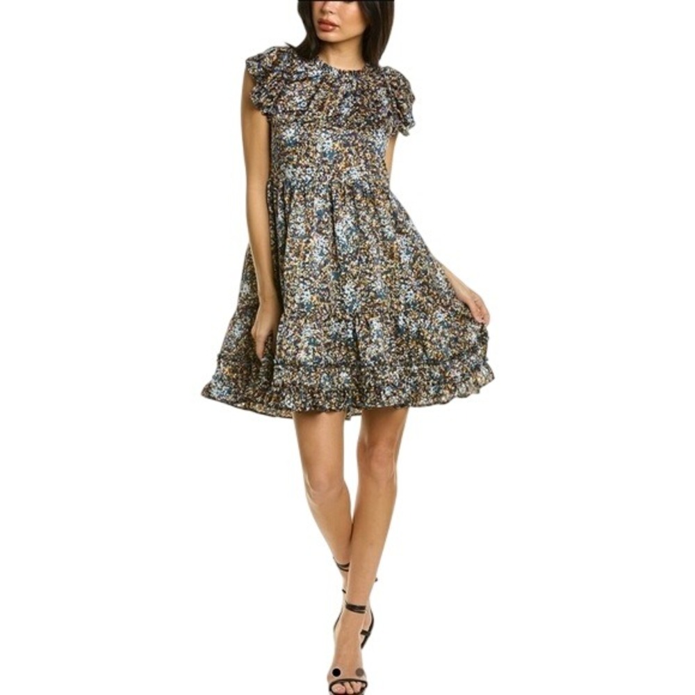 Socialite Womens Floral Ruffle Sleeve Mini Dress Size Medium Blue Mustard Rust